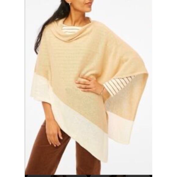 NWT J Crew Poncho Sweater Cashmere Cotton Blend Tan Ivory Cape One Size BK745 - Picture 1 of 12